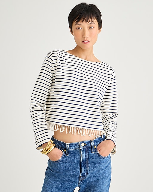 womens Pearl-fringe long-sleeve T-shirt in stripe