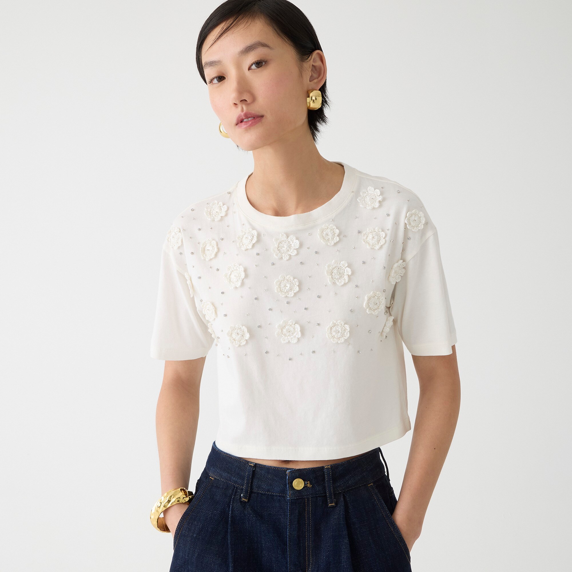 Cropped T-shirt With Crochet Floral Appliqués For Women | J.Crew