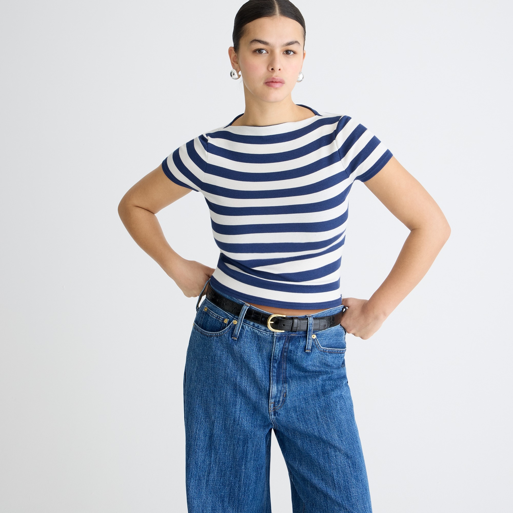 womens Fine-rib fitted boatneck T-shirt in stripe