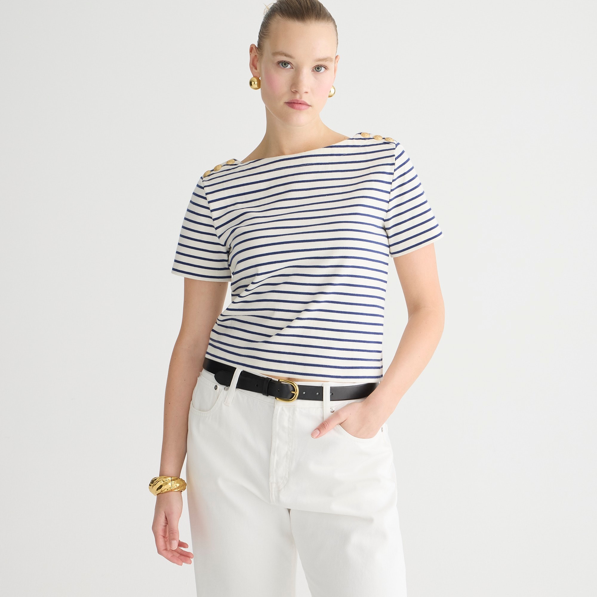 womens Mariner cloth short-sleeve T-shirt with buttons in stripe