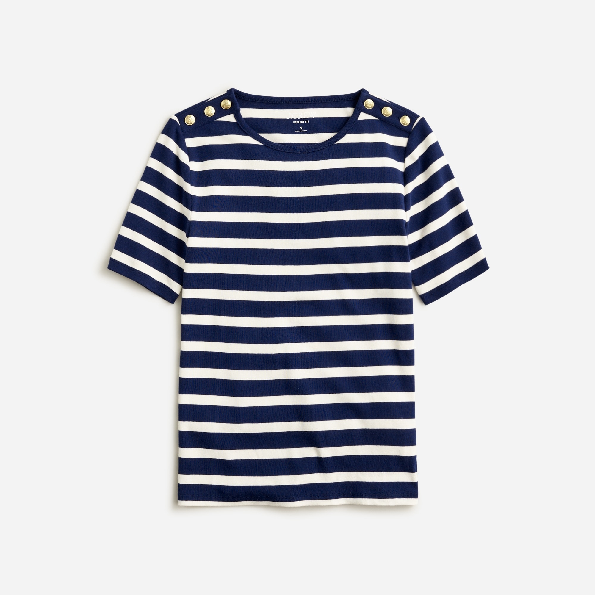 Perfect-fit elbow-sleeve T-shirt in stripe with gold buttons