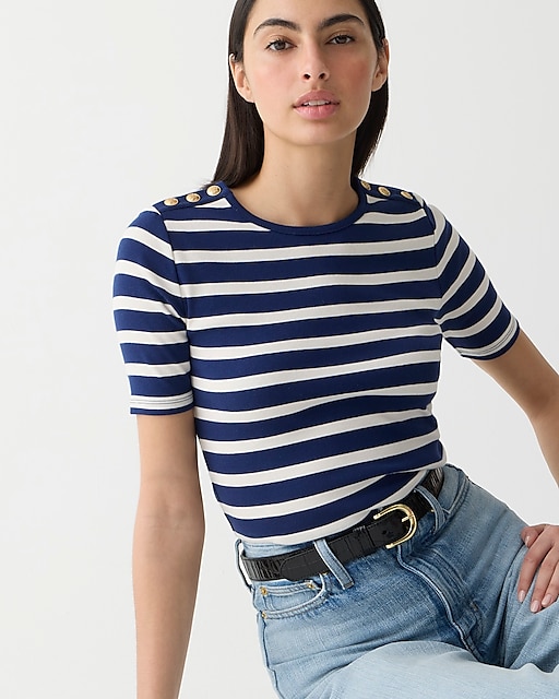 womens Perfect-fit elbow-sleeve T-shirt in stripe with gold buttons