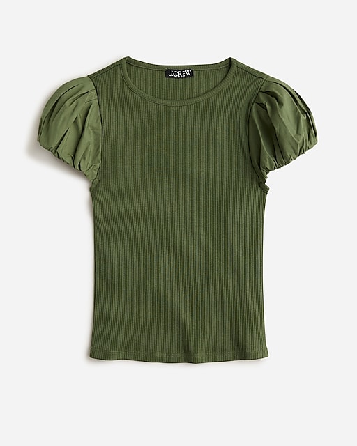 womens Vintage rib T-shirt with cotton poplin puff sleeves