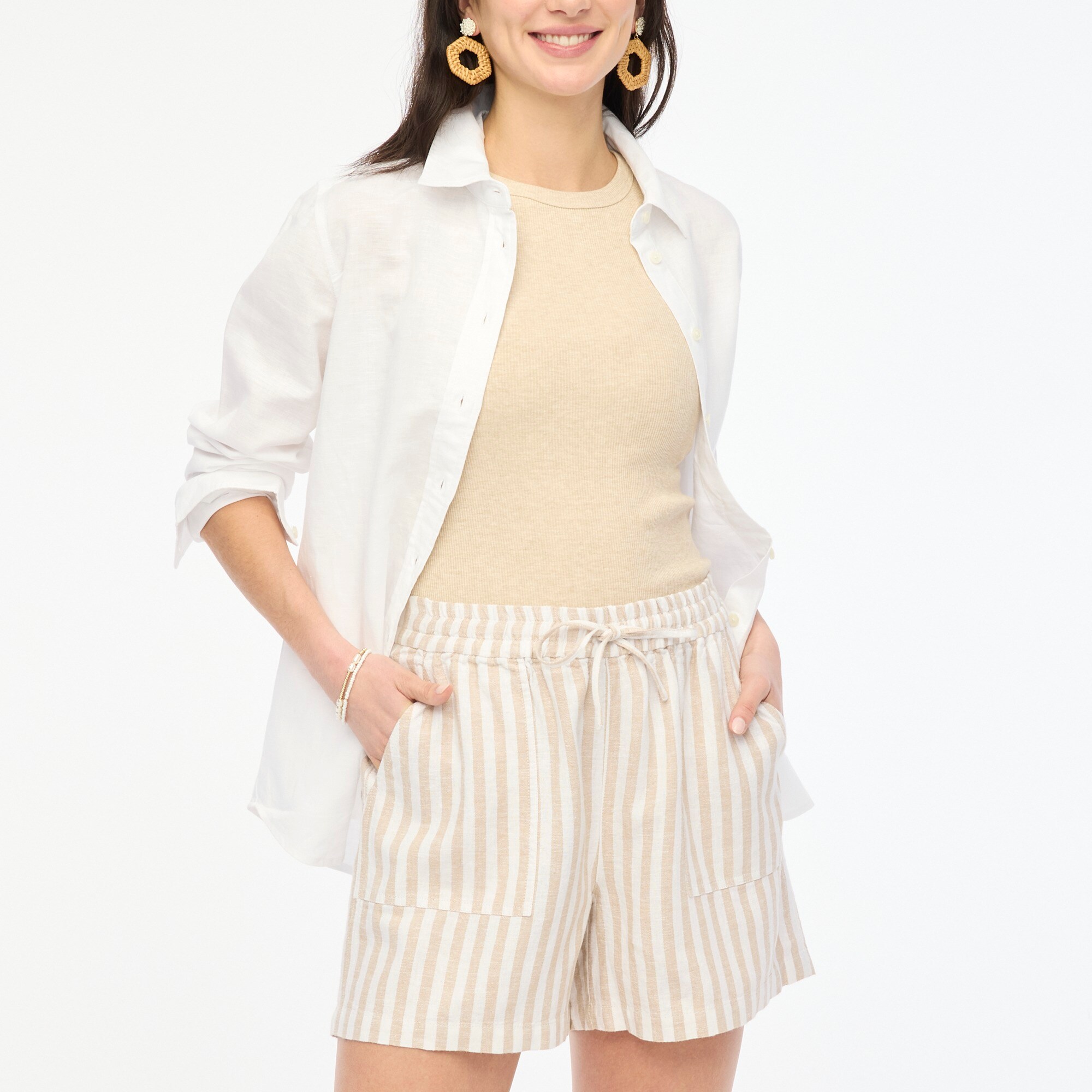 Striped linen-blend drawstring short