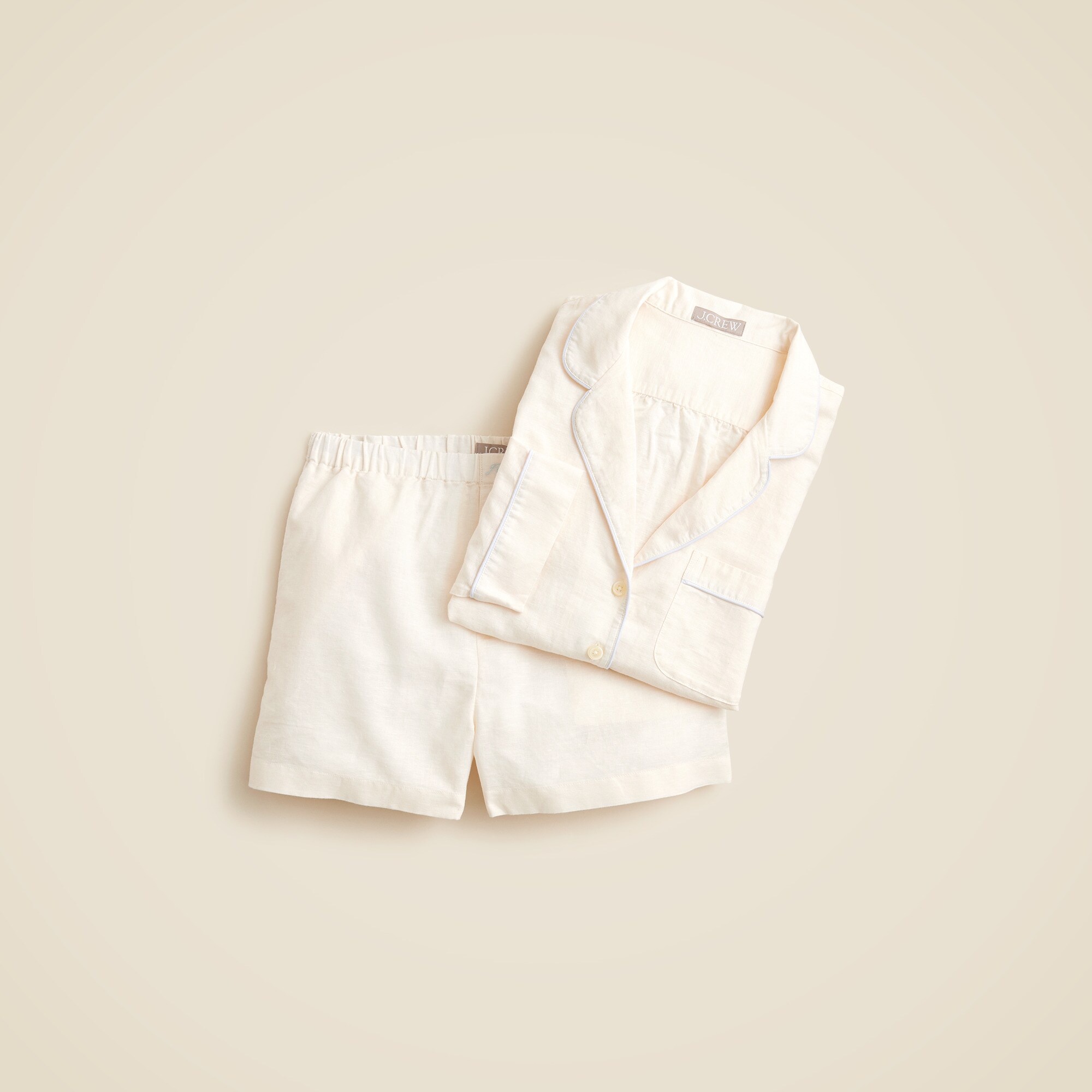Long-sleeve pajama short set in linen-cotton blend