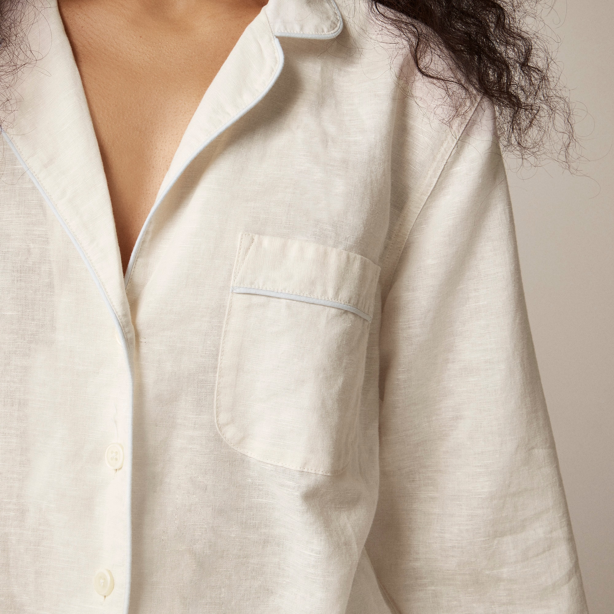 Long-sleeve pajama short set in linen-cotton blend