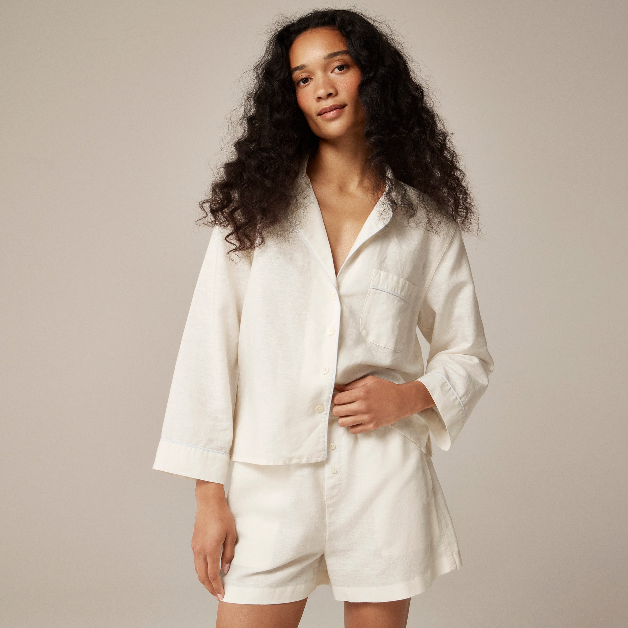womens Long-sleeve pajama short set in linen-cotton blend