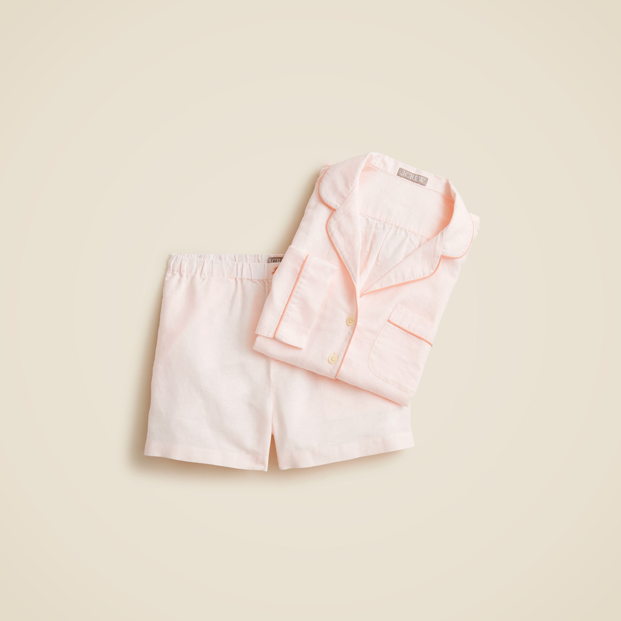  Long-sleeve pajama short set in linen-cotton blend