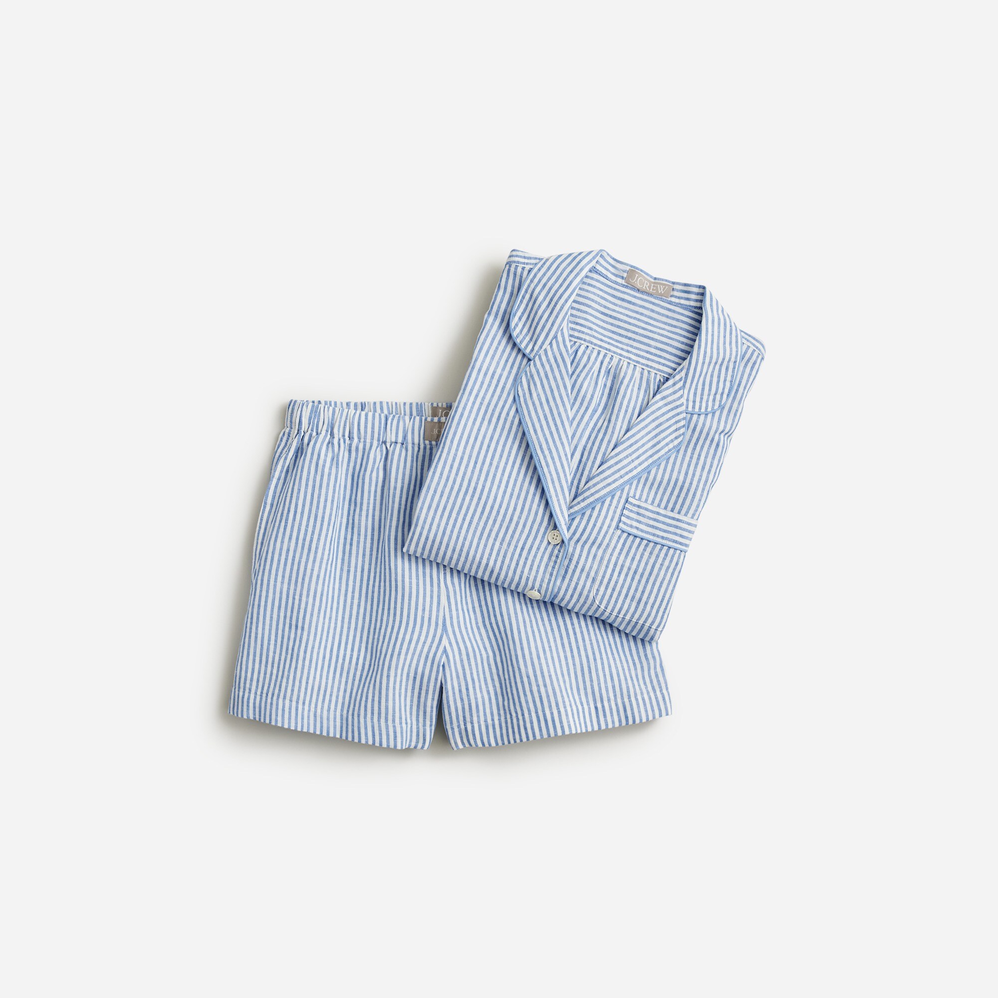 Long-sleeve pajama short set in striped linen-cotton blend