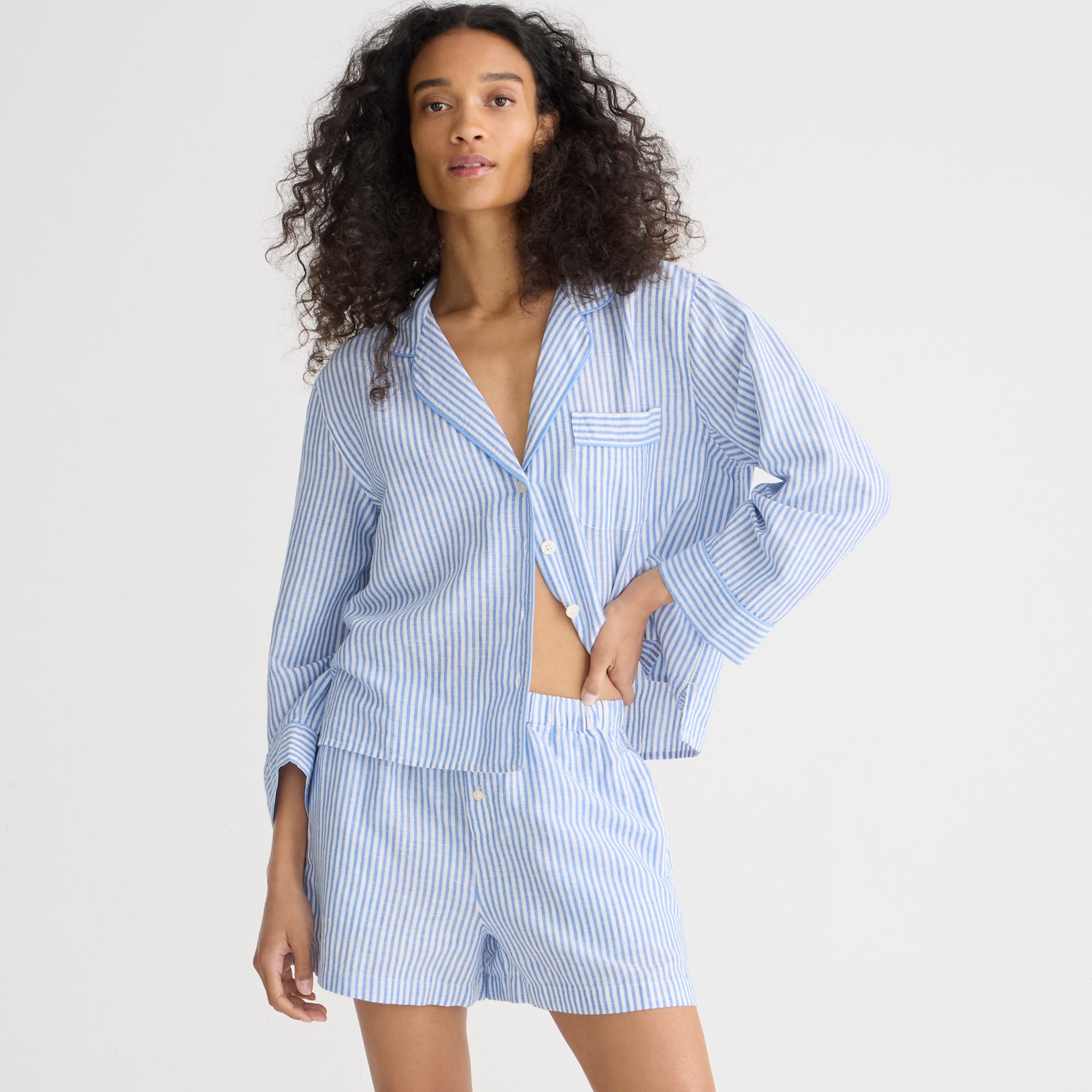 Long-sleeve pajama short set in striped linen-cotton blend