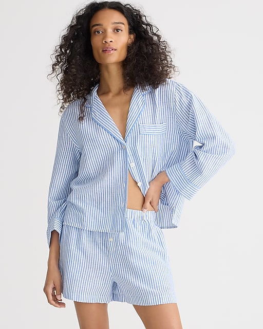 womens Long-sleeve pajama short set in striped linen-cotton blend