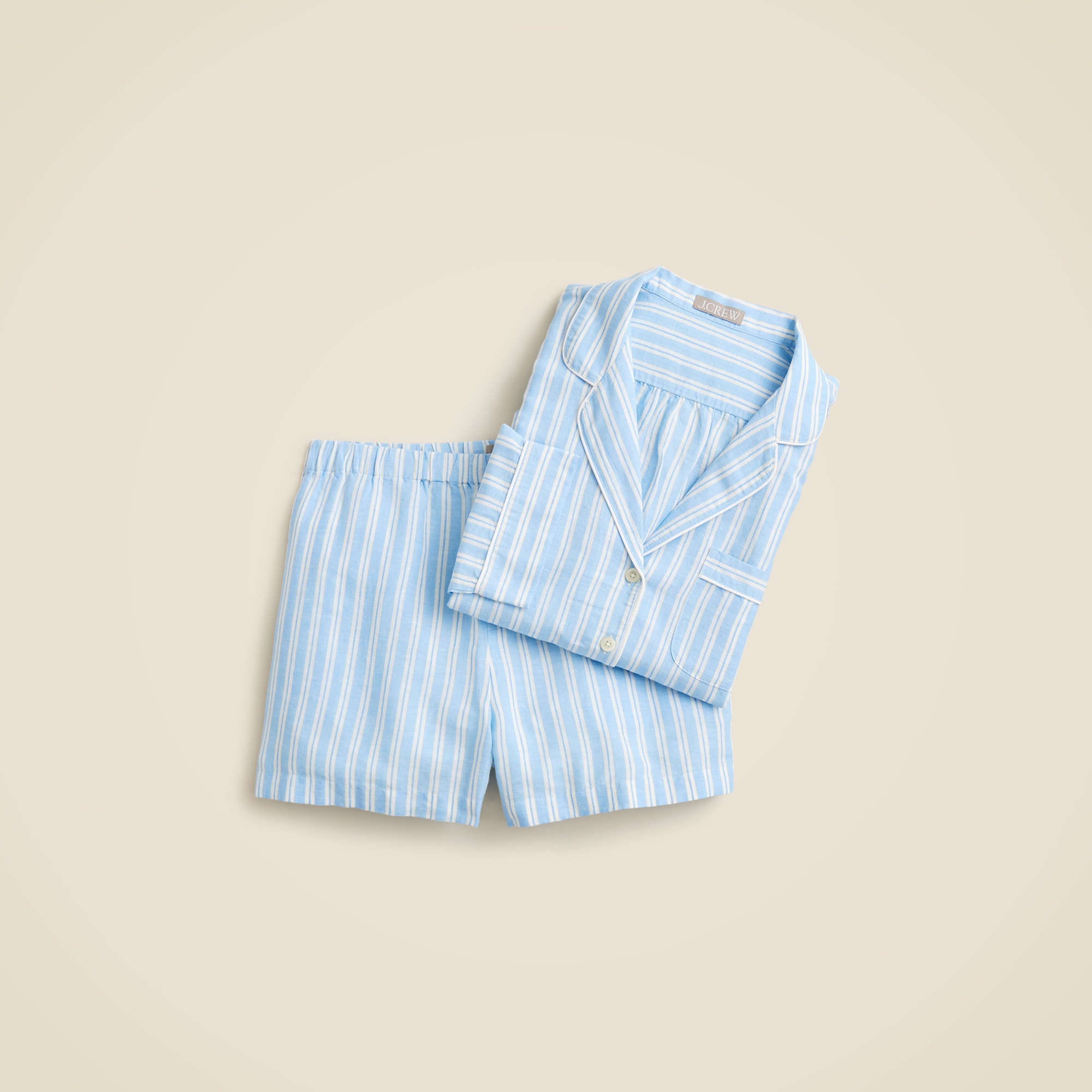 womens Long-sleeve pajama short set in striped linen-cotton blend