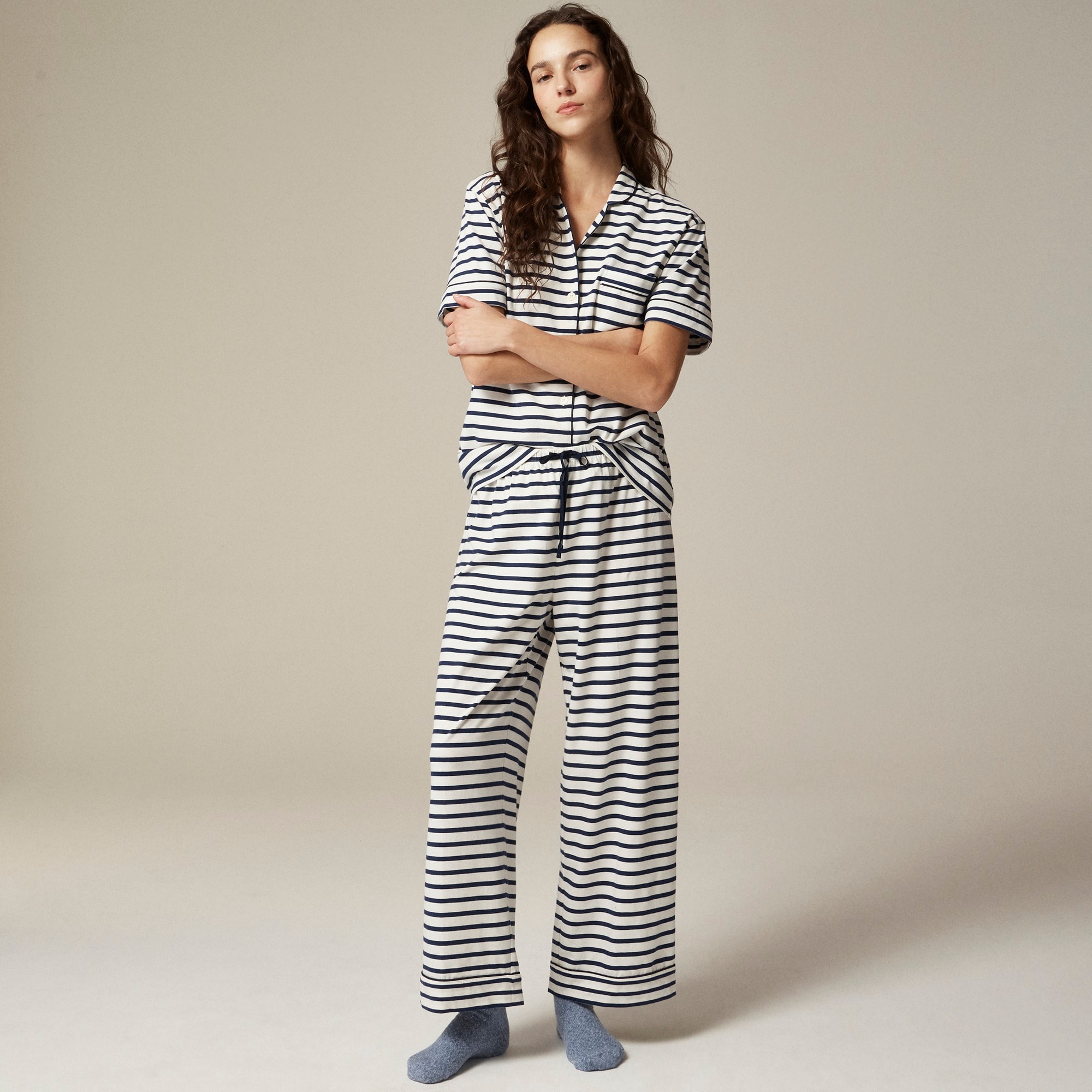  Dreamy cotton-blend short-sleeve pajama pant set in stripe