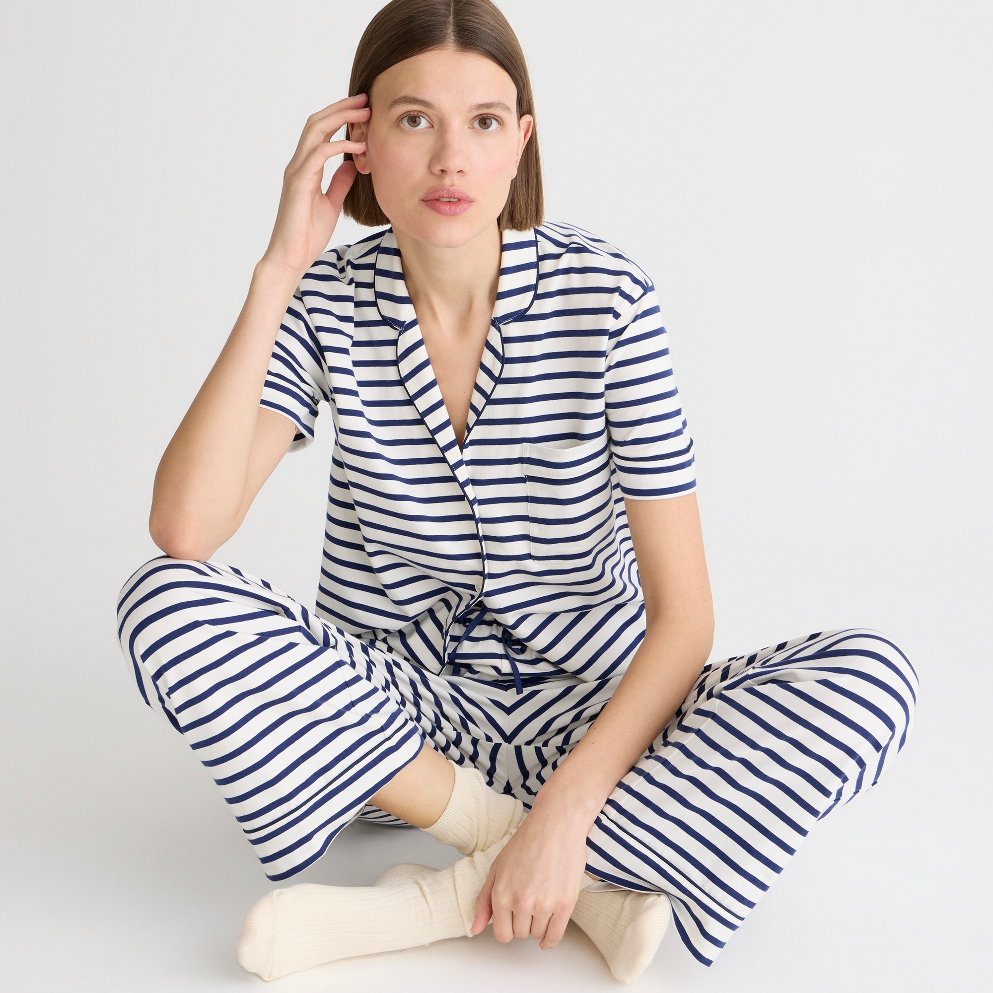 womens Short-sleeve pajama pant set in striped dreamy cotton blend