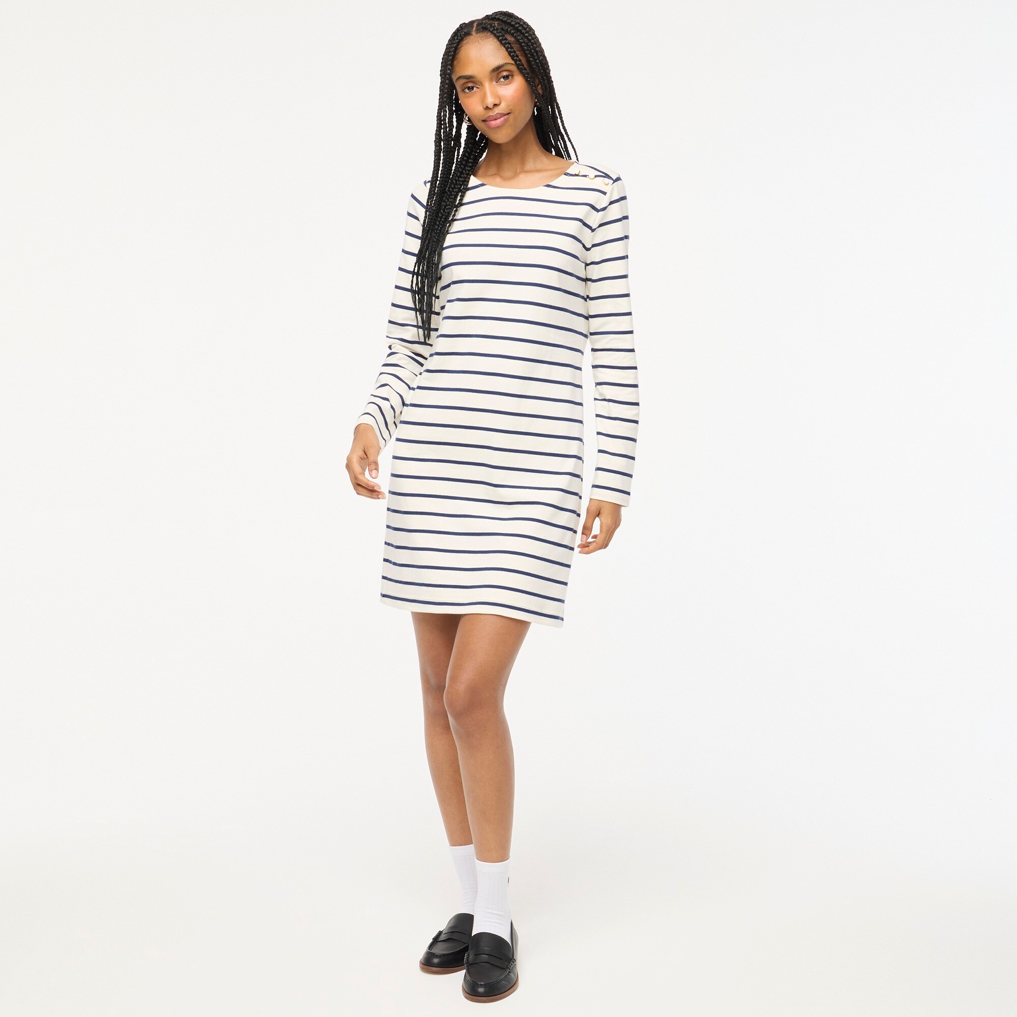 factory: striped button-shoulder mini dress for women