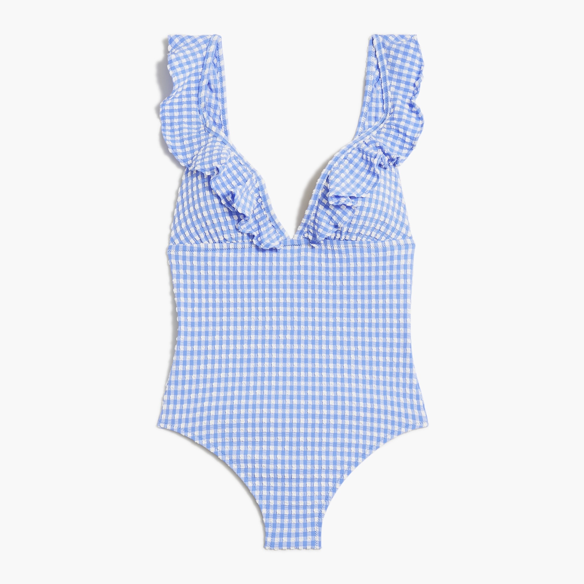 Seersucker ruffle-shoulder V-neck one-piece swimsuit