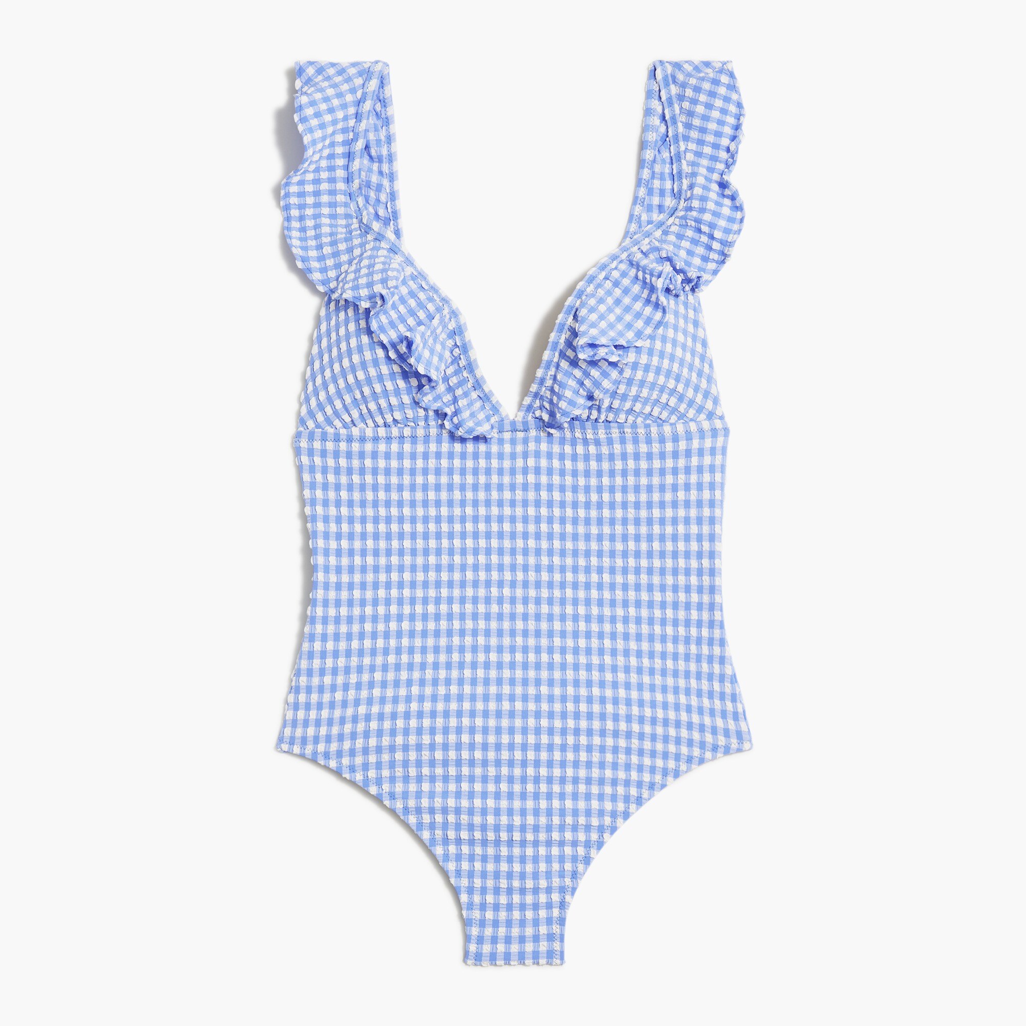 seersucker ruffle-shoulder v-neck one-piece swimsuit for women