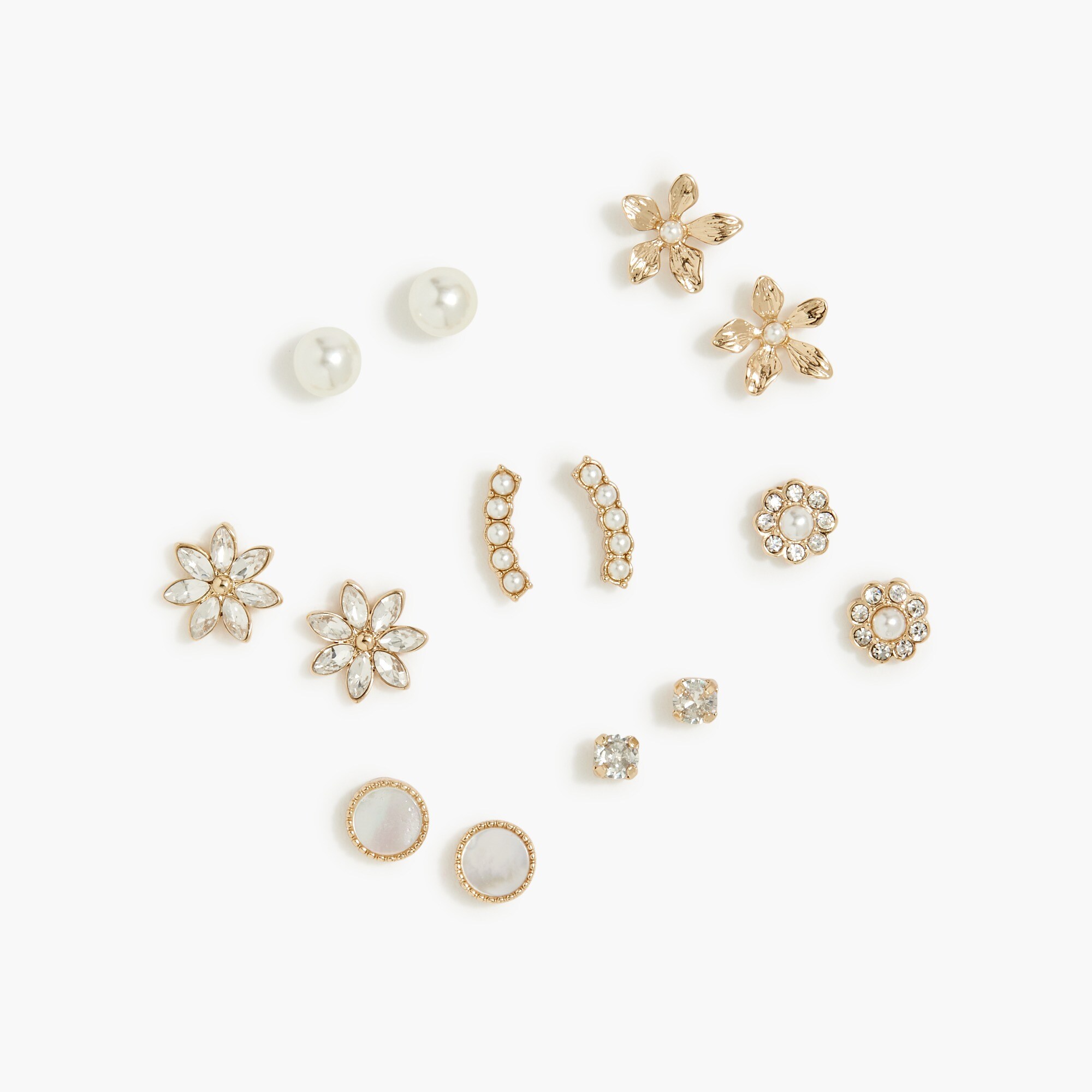 Gold and pearl flower stud earrings set-of-seven