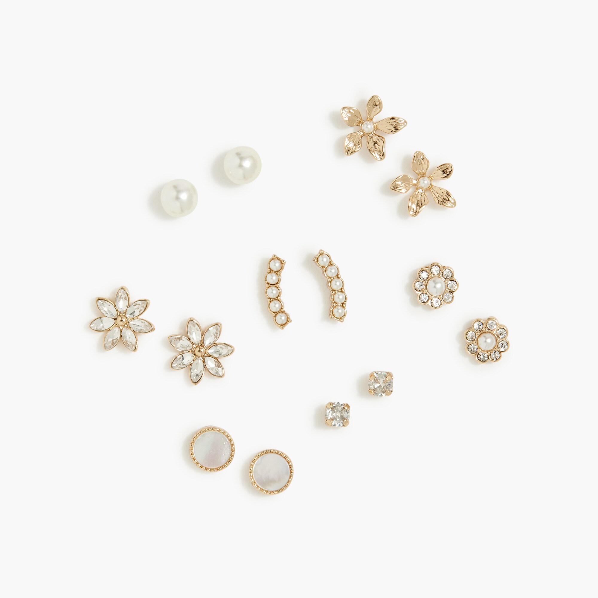  Gold and pearl flower stud earrings set-of-seven