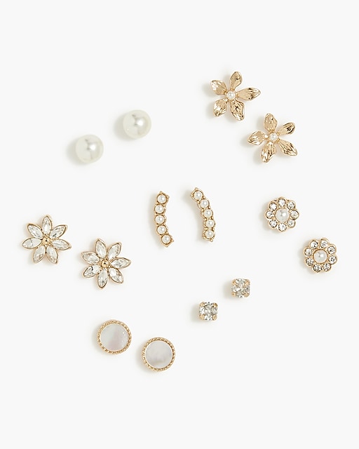  Gold and pearl flower stud earrings set-of-seven