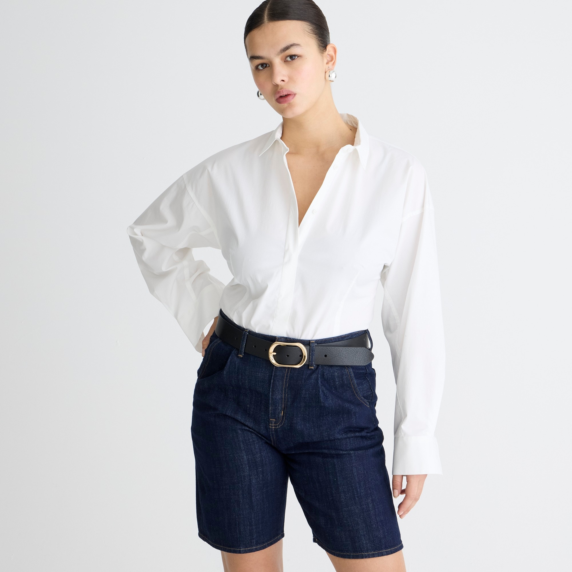 womens Fitted button-up shirt in stretch cotton-blend poplin
