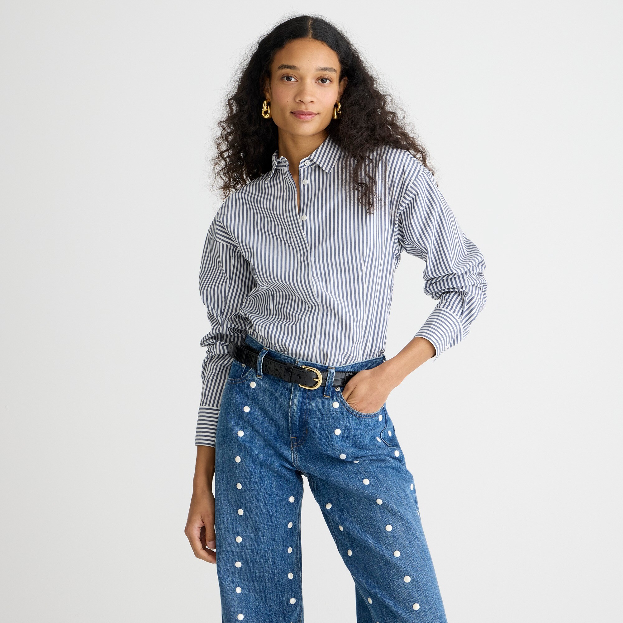 j.crew: fitted button-up shirt in striped stretch cotton poplin for women