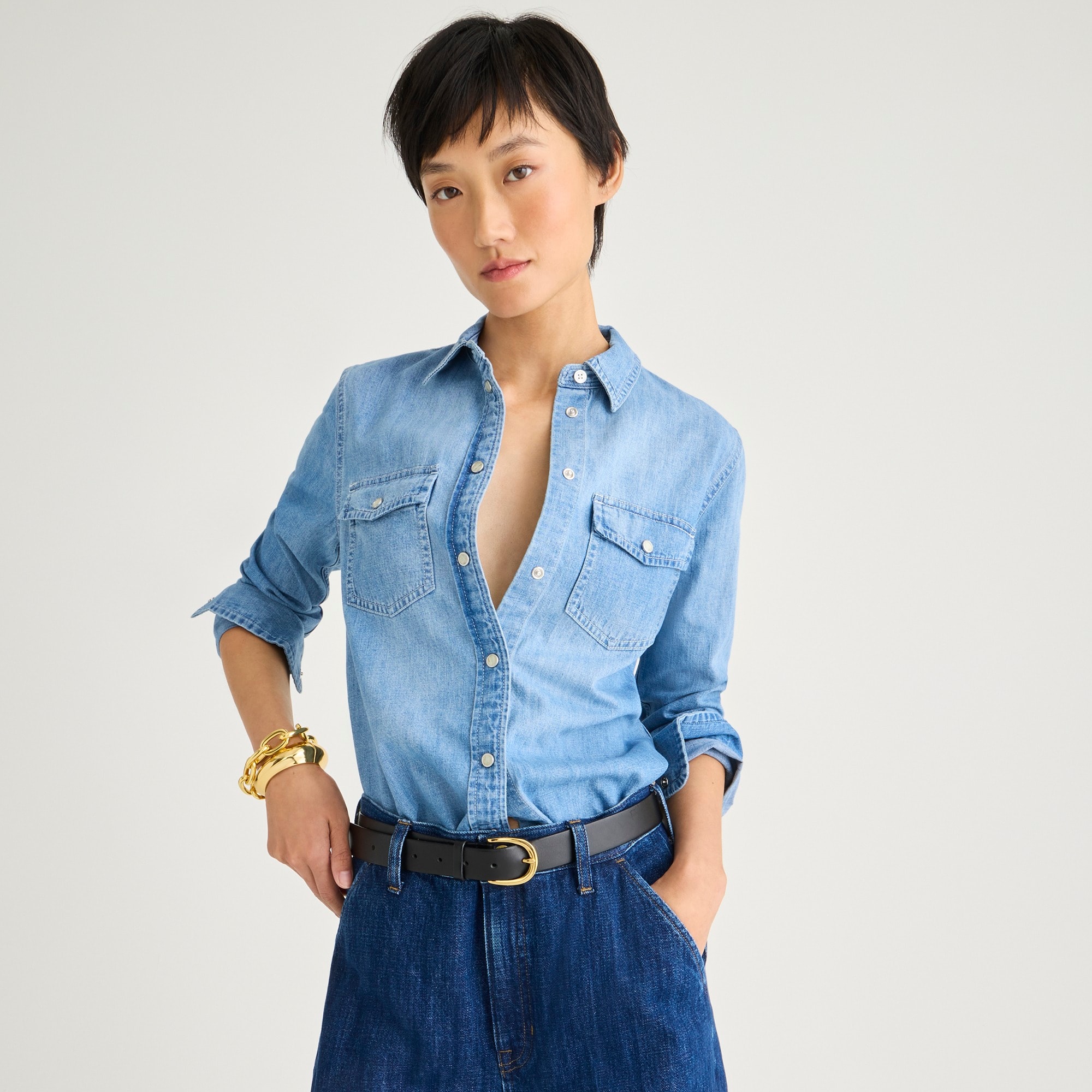 Wren slim western chambray shirt in Callie wash