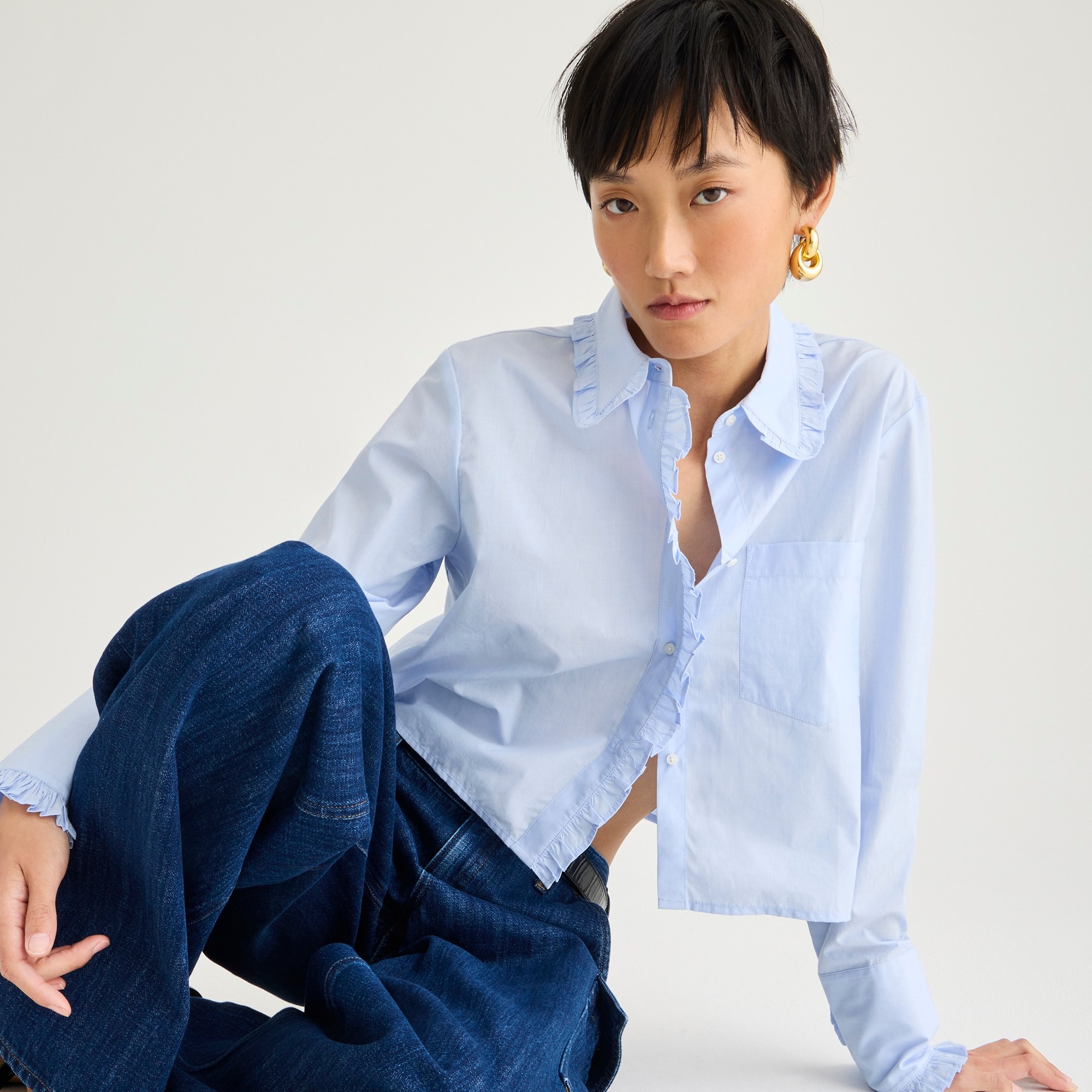 womens Ruffle-trim button-up shirt in cotton poplin