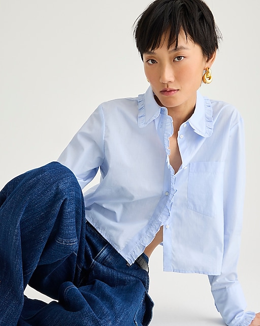 womens Ruffle-trim button-up shirt in cotton poplin