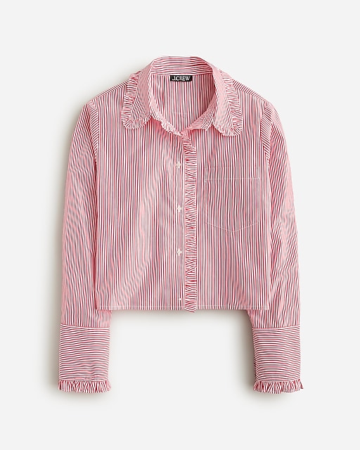  Ruffle-trim button-up shirt in striped cotton poplin