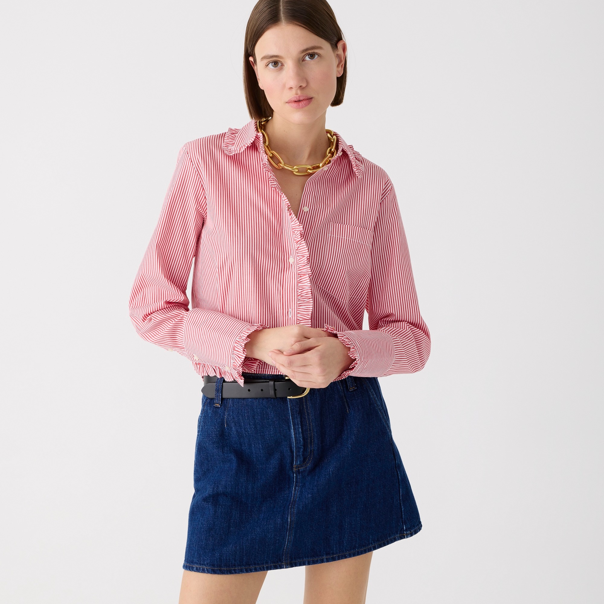 womens Ruffle-trim button-up shirt in striped cotton poplin