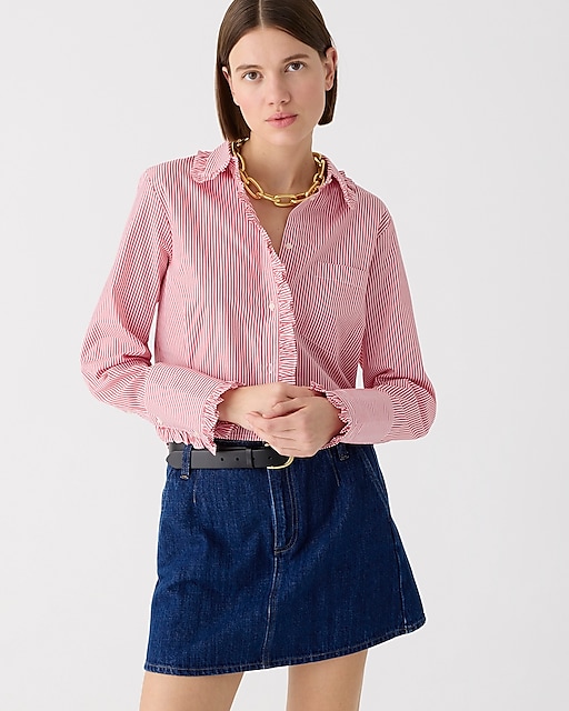 womens Ruffle-trim button-up shirt in striped cotton poplin