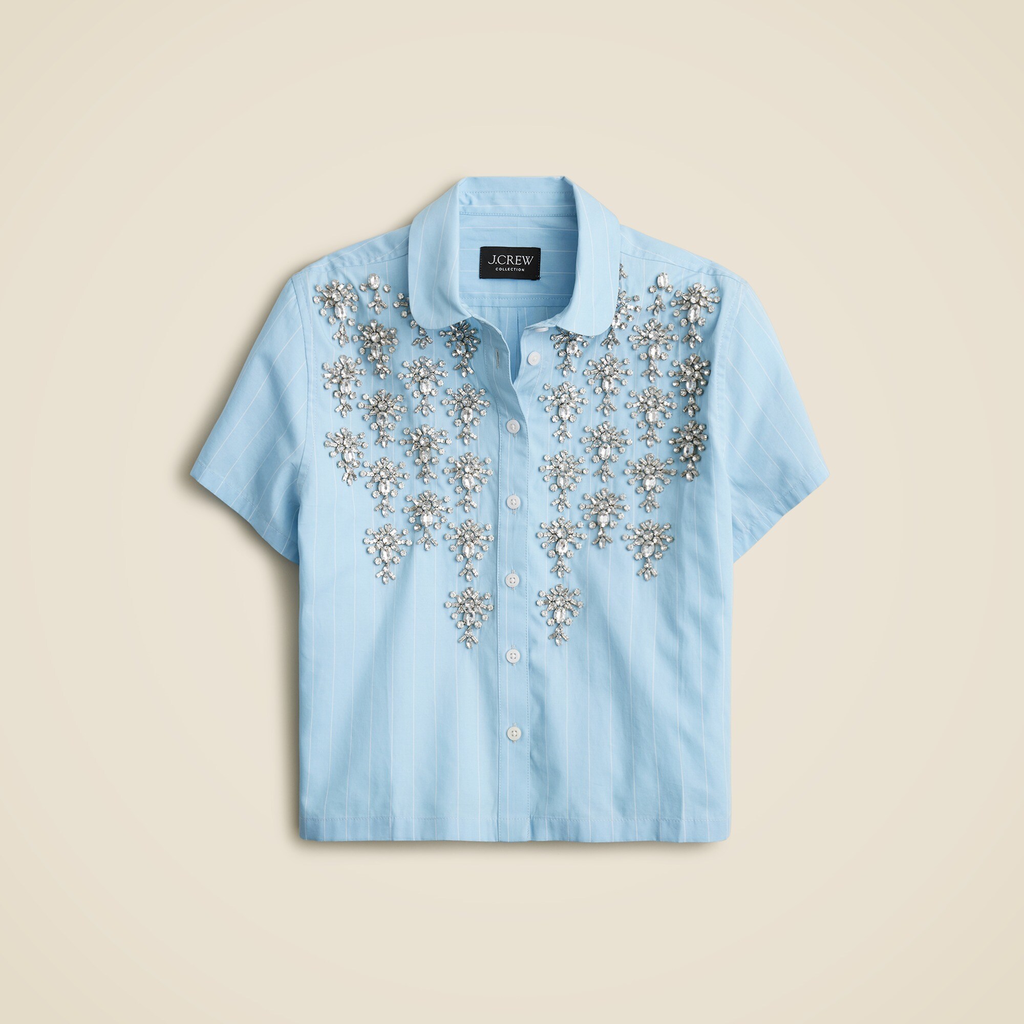 Collection cropped button-up shirt with embellishments in pinstripe print