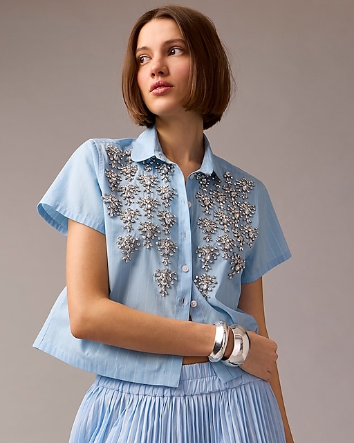 womens Collection cropped button-up shirt with embellishments in pinstripe print