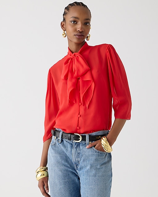 womens Tie-neck button-up top in sheer chiffon