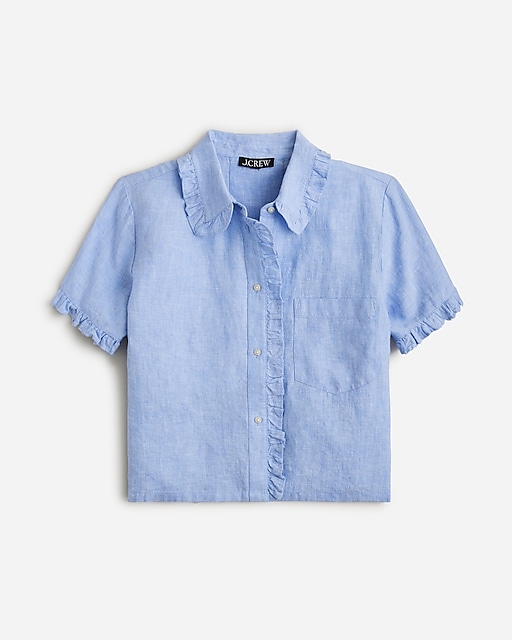  Ruffle-trim button-up shirt in linen