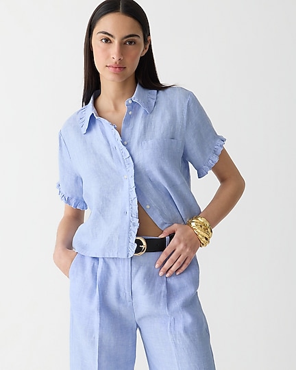 j.crew: ruffle-trim button-up shirt in linen for women