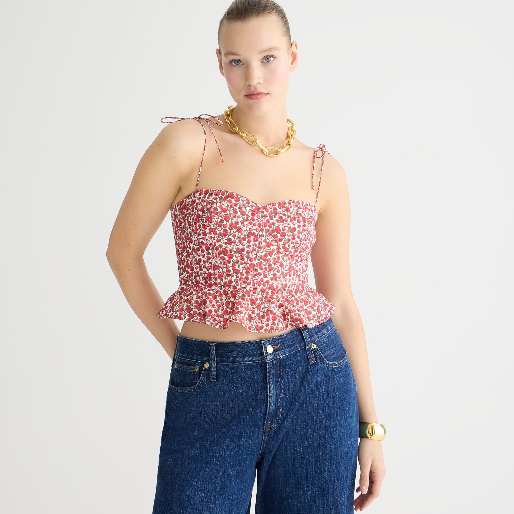 womens Cropped bustier peplum top in Liberty&reg; Eliza's Red fabric