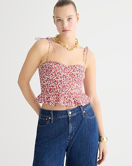 j.crew: cropped bustier peplum top in liberty&reg; eliza's red fabric for women
