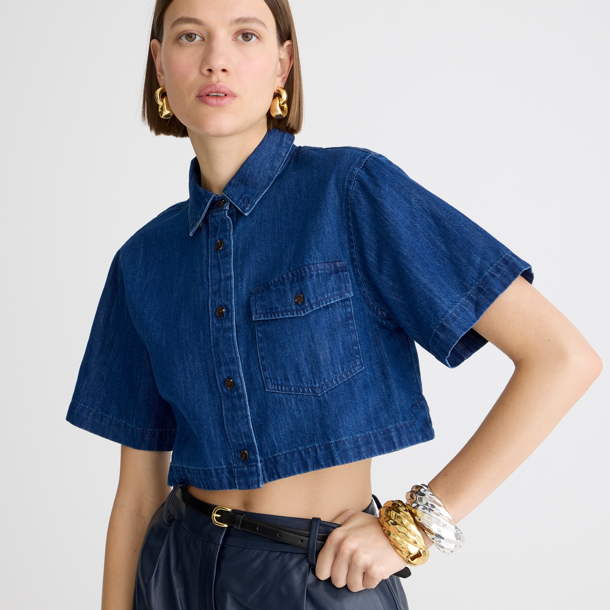 womens Cropped patch-pocket shirt in denim twill