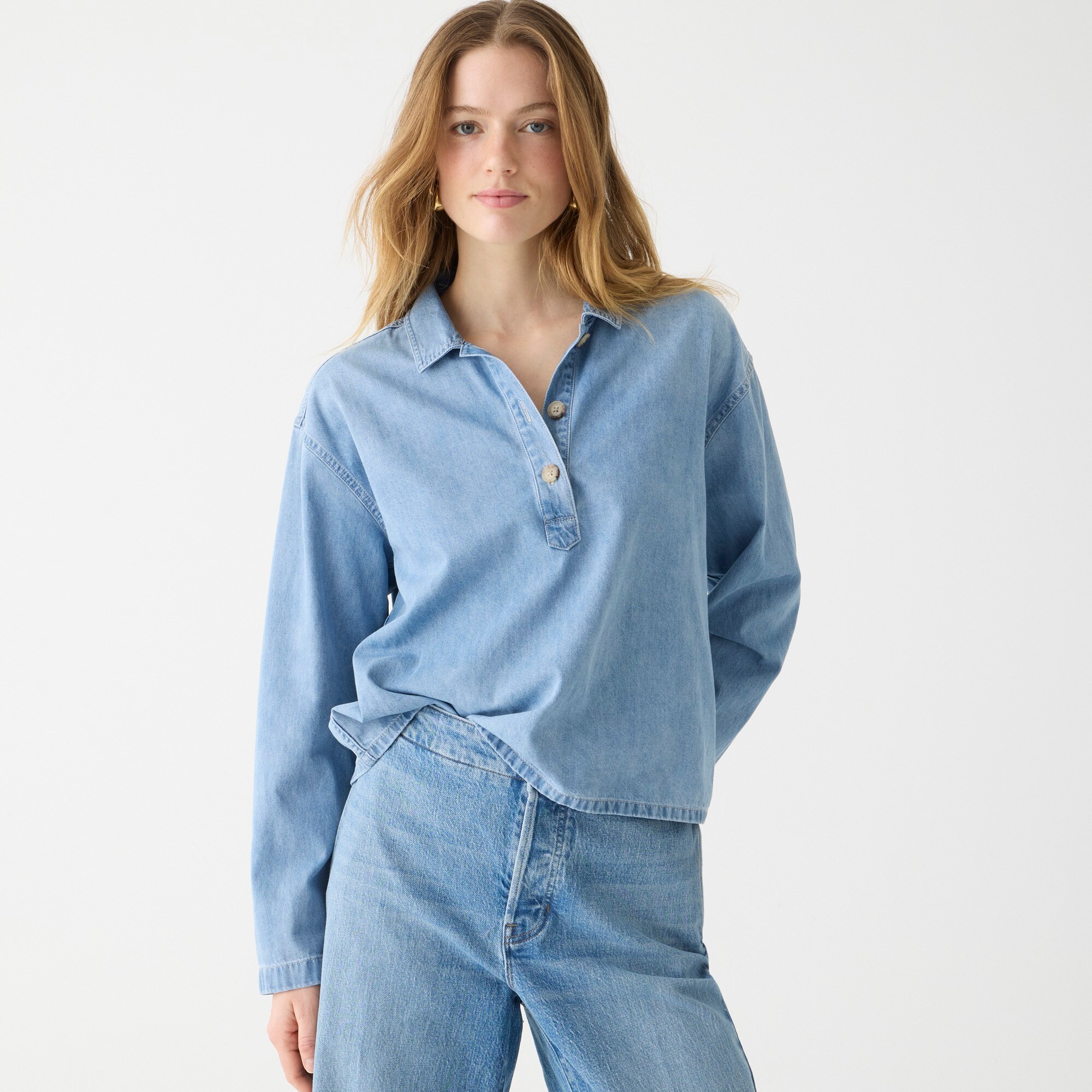 Haut Tunique Chemisier J.Crew En Chambray Blanc 100% Coton, Taille XS - Neuf Avec Tache à L'épaule