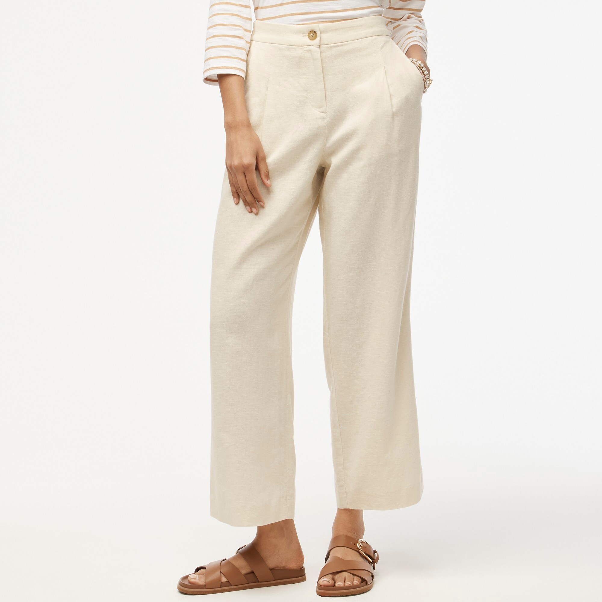 womens Petite linen-blend pleated wide-leg crop pant