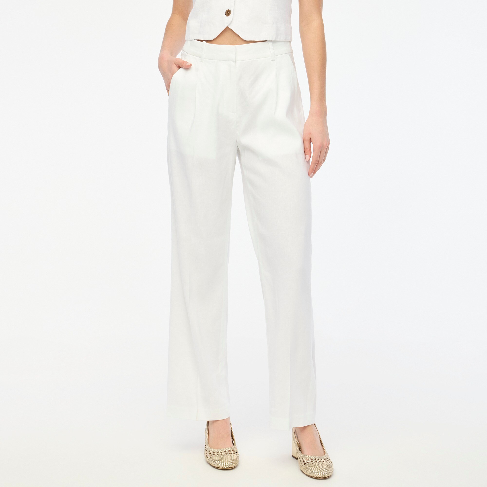Linen-blend wide-leg pleated trouser pant