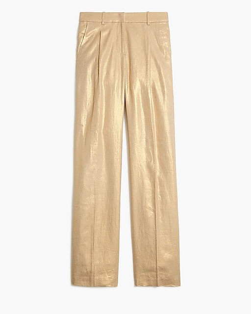 womens Petite gold-shimmer linen-blend wide-leg pant