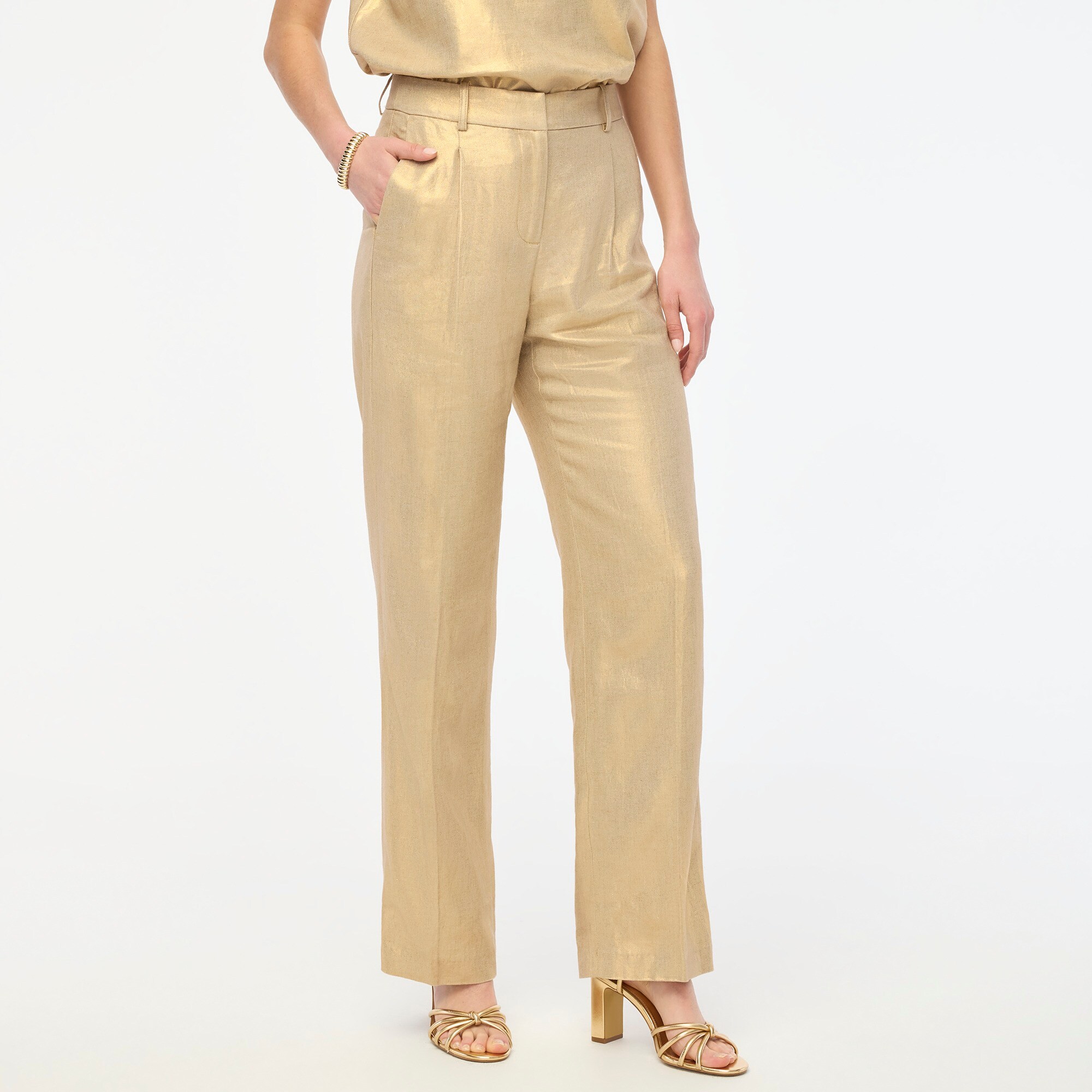 womens Gold-shimmer linen-blend wide-leg pant