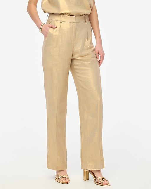 womens Petite gold-shimmer linen-blend wide-leg pant