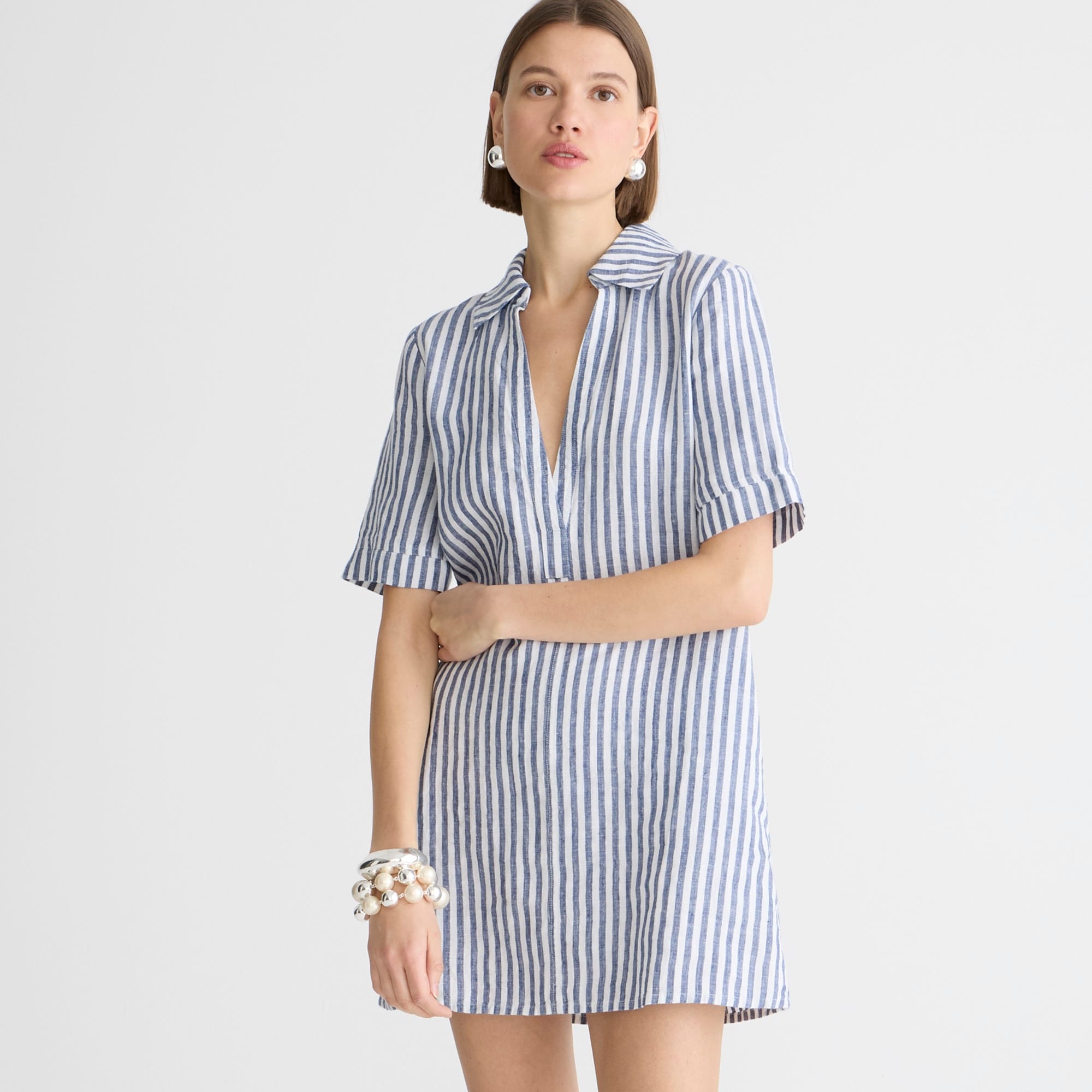 womens Bungalow popover dress in striped linen