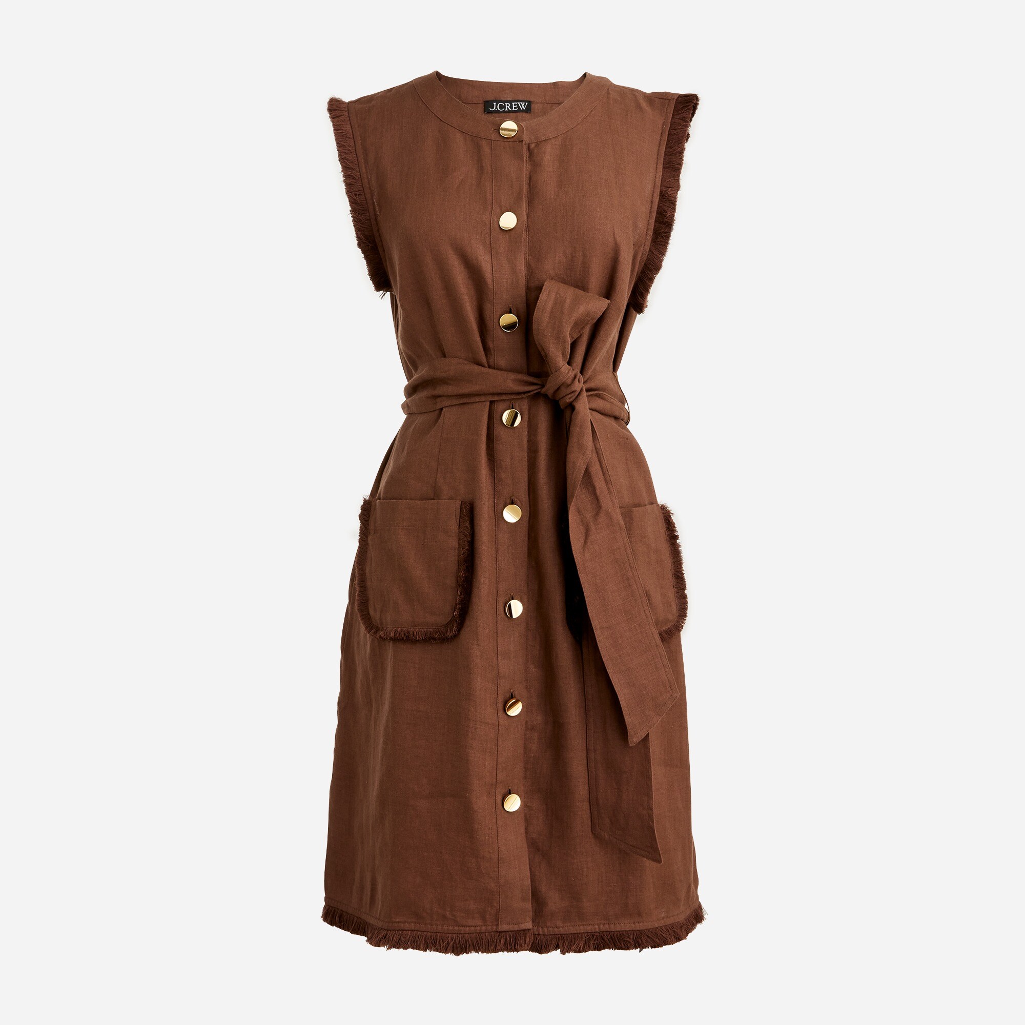 Raw-hem mini shirt-dress in linen