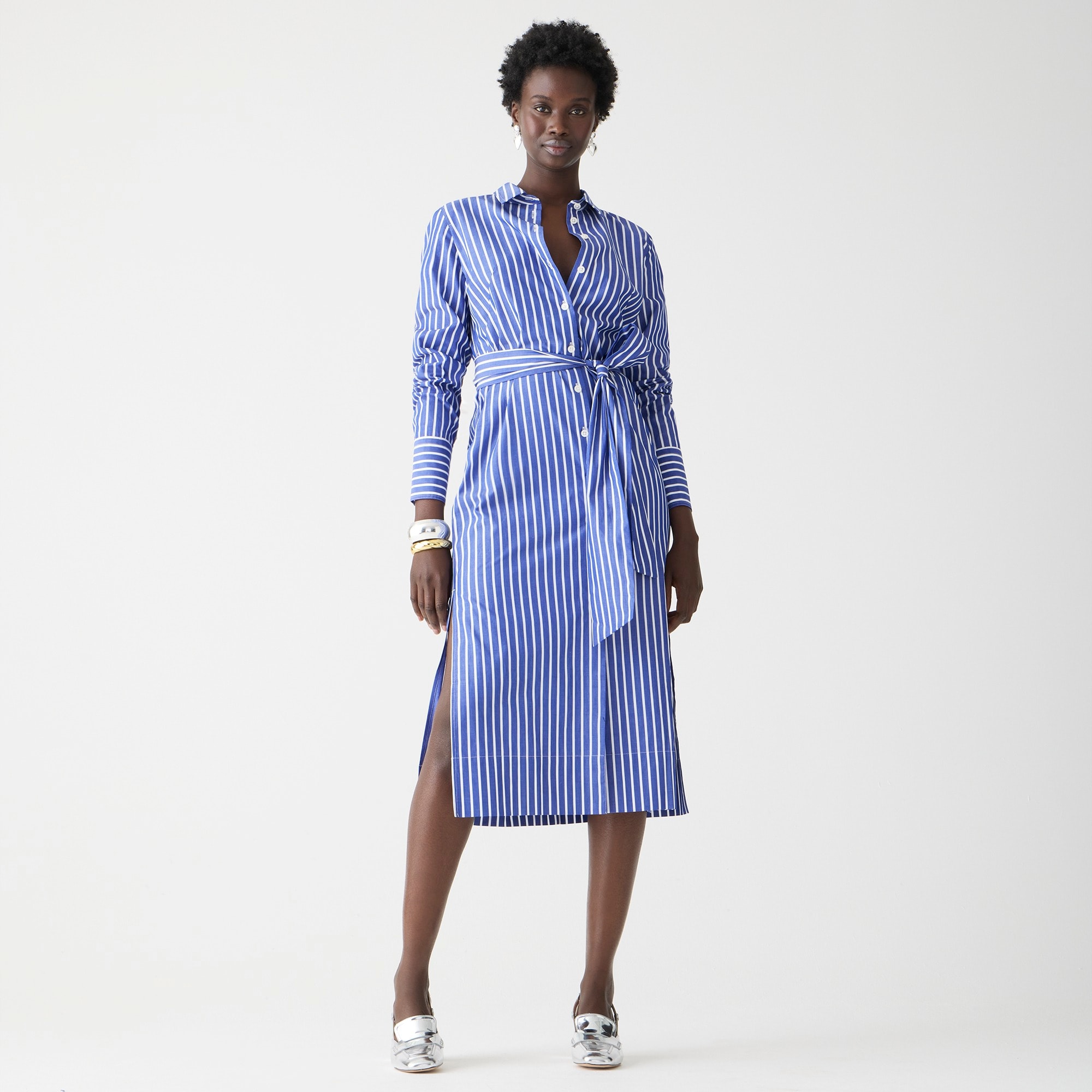 j.crew: long-sleeve button-up shirtdress in striped cotton poplin for women