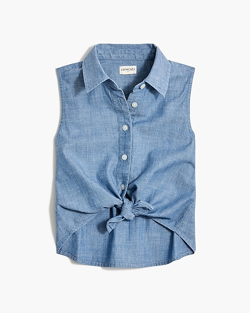 girls Girls' tie-front chambray button-up tank top